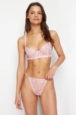 Trendyol Pink Embroidered Lace String Straps Capless Knitted Lingerie Set