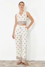 Trendyol Ecru Patterned Buttoned Linen Look Woven Blouse-Pants Set