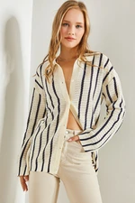 Bianco Lucci Women's Shirt Collar Long Sleeve Striped Cardigan