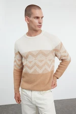 Trendyol Camel Regular Crew Neck Ethnic Knitwear Sweater