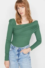 Trendyol Emerald Green Asymmetric Collar Draped Fitted/Situated Crepe Knitted Bodysuit