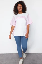 Trendyol Curve Pink Striped Printed Oversize 100% Cotton Knitted T-shirt