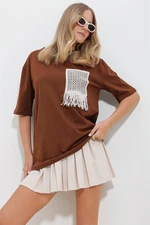 Trend Alaçatı Stili Women's Brown Crew Neck Knitted Two Thread T-Shirt