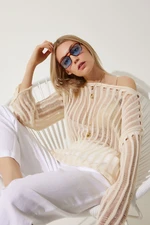 Happiness İstanbul Women&#39;s Cream Low Shoulder Summer Openwork Knitwear Blouse