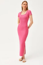 Olalook Women's Fuchsia U Neck Lycra Thin Ribbed Slit Ottoman Dress