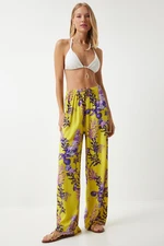 Happiness İstanbul Women's Yellow Purple Patterned Flowy Viscose Palazzo Trousers