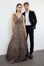 Trendyol Copper A-Cut Glittering Woven Long Elegant Evening Dress