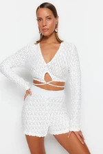 Trendyol Ecru Knitted Tie Blouse and Shorts Set