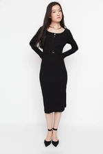 Trendyol Black Bodycon Tie Detailed Corduroy Knitted Midi Dress