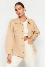 Trendyol Beige Oversize/Wide Fit Polo Neck with Pockets and Buttons Fleece Inside Knitted Jacket