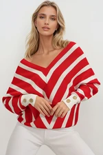 Trend Alaçatı Stili Women's Red V-Neck Bias Striped Oversize Knitwear Sweater