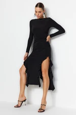 Trendyol Boat Rock Maxi Stretchy Knit Dress with Black Flared Skirt