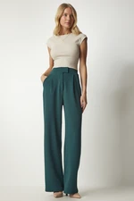 Happiness İstanbul Women's Emerald Green Velcro Waist Comfortable Woven Trousers