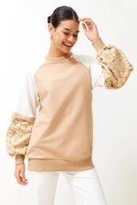 Trendyol Beige Sleeve Lace Detailed Knitted Sweatshirt