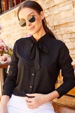 armonika Women's Black Tie Collar Patterned Shirt