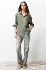 Trendyol Dark Khaki Single Pocket Boyfriend Woven Cotton Shirt