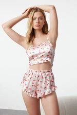 Trendyol Powder-Multi-Colored Cherry Patterned Satin Woven Pajama Set with Ruffles and Back Rope Straps