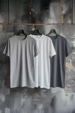 Trendyol Anthracite-Grey-White Regular/Normal Cut 3-Pack Basic 100% Cotton T-Shirt
