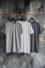 Trendyol Anthracite-Grey-White Regular/Normal Fit 3-Pack Basic 100% Cotton T-Shirt