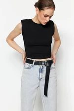 Trendyol Black Padded Fitted/Simple Crew Neck Crop Flexible Knitted Blouse