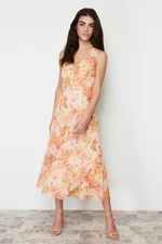 Trendyol Multicolored Floral Floral Printed V-Neck Tulle Knitted Dress