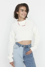 Trendyol Ecru Super Crop Sweter z dzianiny z okrągłym dekoltem