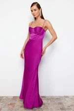 Trendyol Fuchsia Fitted Corset Detailed Woven Satin Long Evening Evening Dress