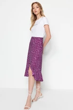 Trendyol Purple Printed High Waist Midi Elastic Knitted Skirt with Ruffles and Ruffles