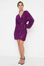 Trendyol Purple Belted Sequin Elegant Evening Dress