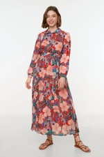 Trendyol Multicolored Floral Patterned Chiffon Woven Dress with Shirt Collar Belted and Lined