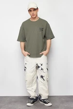 Trendyol Khaki Oversize/Wide Cut Embossed Text Printed Labeled Textured Waffle T-Shirt