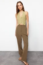 Trendyol Khaki Halter Neck Gathered Back Cotton Linen Woven Blouse