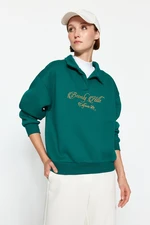 Trendyol Emerald Green Shirt Collar With Embroidery Regular Fit, Fleece Inside Knitted Sweatshirt