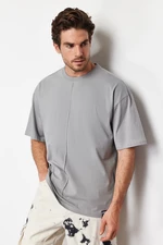 Trendyol Gray Oversize Stitch Detail 100% Cotton T-Shirt