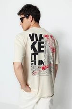 Trendyol Stone Oversize/Wide Cut Text Printed 100% Cotton T-Shirt