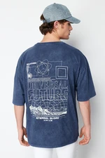 Trendyol Indigo Oversize/Wide Cut Faded Effect Text Printed 100% T-Shirt