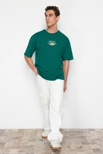 Trendyol Emerald Green Oversize/Wide Cut Landscape Embroidered 100% Cotton T-Shirt