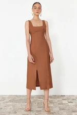 Trendyol Brown A-Line Square Neck Slit Strap Midi Woven Dress