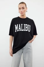 Trendyol Black 100% Cotton City Slogan Printed Oversize/Relaxed Cut Knitted T-Shirt