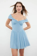 Trendyol Light Blue A-Line Carmen Collar Woven Short Dress