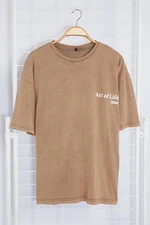 Trendyol Brown Oversize/Wide Cut Faded Effect Text Printed 100% Cotton T-Shirt