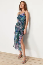Trendyol Lilac Ethnic Patterned Belted A-Line Tassel Detailed Maxi Lined Chiffon Woven Dress