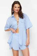 Trendyol Blue Woven Shirt Shorts Set