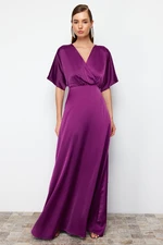 Trendyol Plum A-Line Woven Satin Long Evening Evening Dress