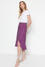 Trendyol Purple Printed High Waist Midi Stretchy Knitted Skirt with Gather Detail and Flounce