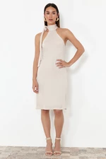 Trendyol Stone Straight Knitted Dress with Tie Detail at the Throat