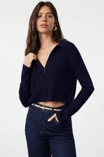 Trendyol Navy Blue Crop Zippered Knitwear Cardigan