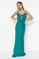 Trendyol Emerald Green Long Evening Evening Dress with Woven Piping