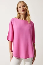 Happiness İstanbul Women's Pink Crew Neck Flowy Viscose Blouse