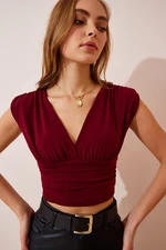 Happiness İstanbul Women's Burgundy Deep V Neck Crop Sandy Knitted Blouse